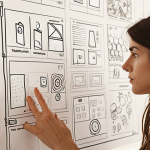 **Prompt:** A focused designer looking at a digital canvas that visually transforms abstract problem statements into elegant, polished user interface elements through a storytelling flow. The scene shows initial rough sketches and thought bubbles seamlessly evolving into refined mockups, symbolizing the narrative behind design. Soft, warm lighting, modern design studio background, highly detailed, digital art.