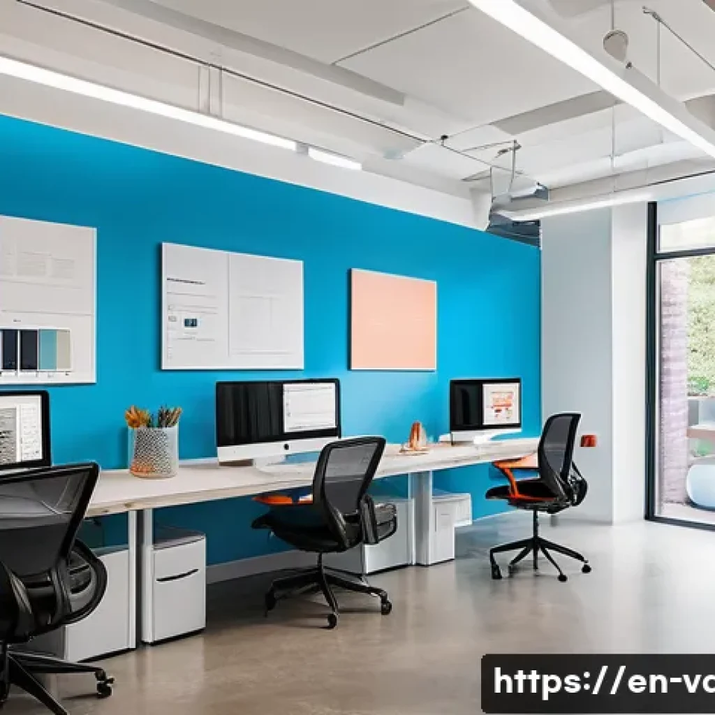 시각디자인과 브랜딩 전략 - A modern branding studio workspace featuring a diverse team collaborating on a vibrant color palette...