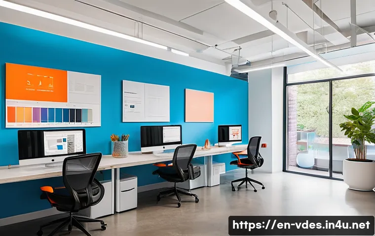 시각디자인과 브랜딩 전략 - A modern branding studio workspace featuring a diverse team collaborating on a vibrant color palette...