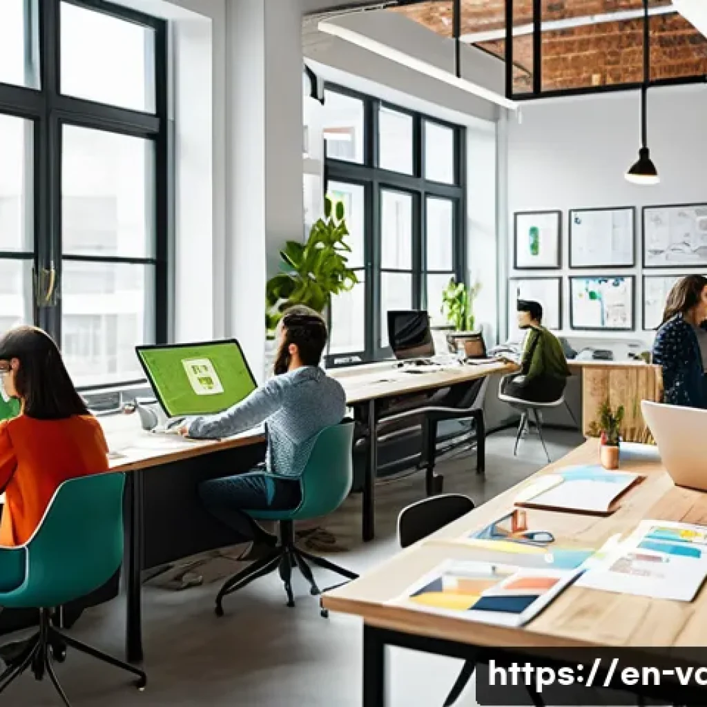 시각디자인 협업 사례 - A modern open office environment where a diverse cross-disciplinary team of graphic designers, marke...
