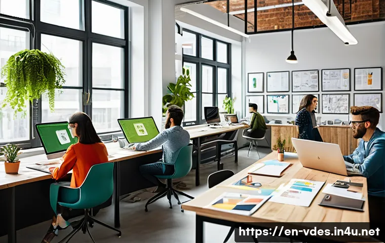 시각디자인 협업 사례 - A modern open office environment where a diverse cross-disciplinary team of graphic designers, marke...