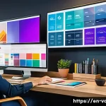 시각디자인과 인쇄 기술 - A sophisticated modern branding studio interior with large digital screens displaying vibrant color ...