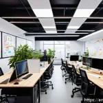 시각디자인 리더십 스킬 - A vibrant creative workspace featuring a diverse design team engaged in a collaborative brainstormin...