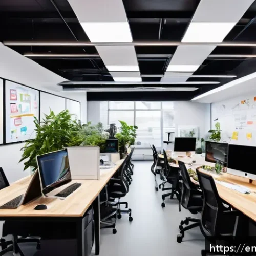 시각디자인 리더십 스킬 - A vibrant creative workspace featuring a diverse design team engaged in a collaborative brainstormin...