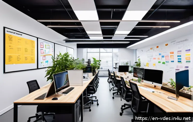 시각디자인 리더십 스킬 - A vibrant creative workspace featuring a diverse design team engaged in a collaborative brainstormin...