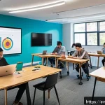 시각디자인 온라인 학습 리소스 - A modern digital classroom setting showcasing diverse adult students engaged in a live interactive v...