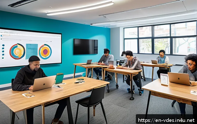 시각디자인 온라인 학습 리소스 - A modern digital classroom setting showcasing diverse adult students engaged in a live interactive v...