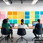 시각디자인 실무에서의 협업 팁 - A modern collaborative design workspace featuring a diverse team of designers gathered around a larg...