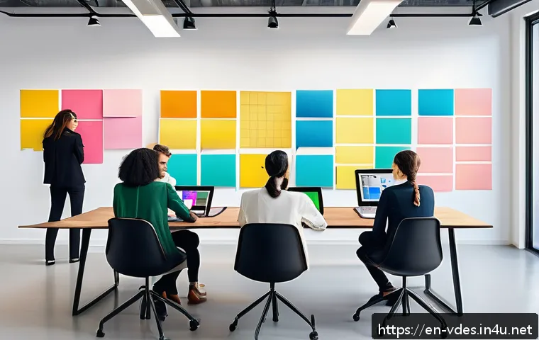 시각디자인 실무에서의 협업 팁 - A modern collaborative design workspace featuring a diverse team of designers gathered around a larg...