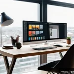시각디자인 국제 자격증 소개 - A modern creative professional workspace featuring a diverse graphic designer confidently working on...