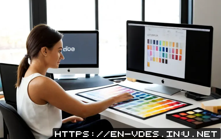 Home 15 시각디자인의 주요 역할과 책임 - Photorealistic visual designer at a clean modern studio desk, carefully arranging color swatches, ty...